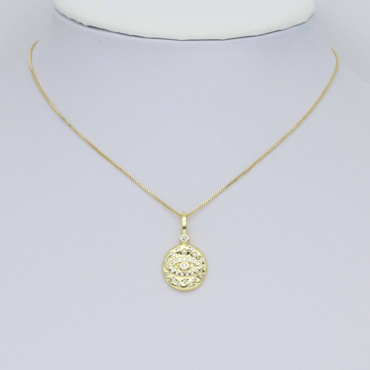 Hammered CZ Pave Evil Eye Coin Charm Pendant, Sku#LX575