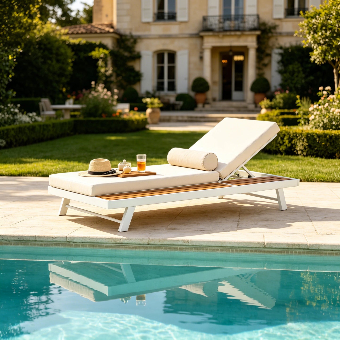 White Iron and Teak Finish Chaise Lounge Set