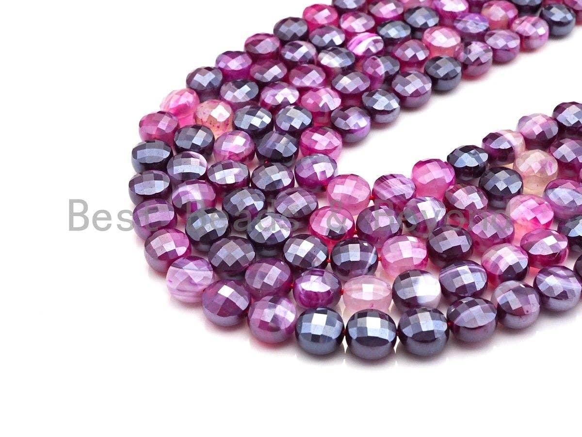 Mystic Plated Turtle Shell Cut Natural Pink Purple Agate Coin Shape beads, 6mm/8mm/10mm Checkerboard Cut Agate, 15.5" Full Strand,SKU#UA85