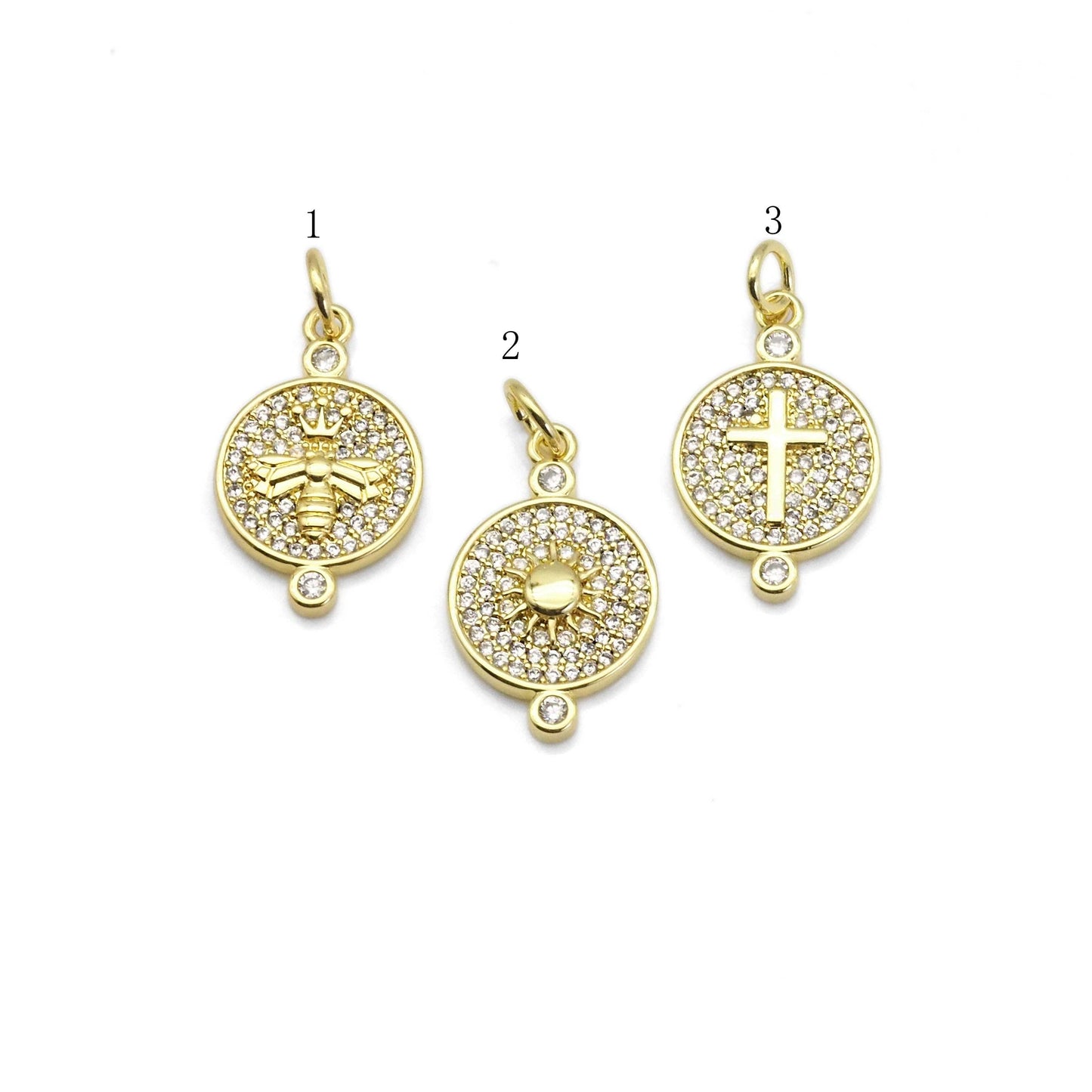 Clear CZ Gold Sun Cross Bee On Round Coin Charm, Sku#LX252