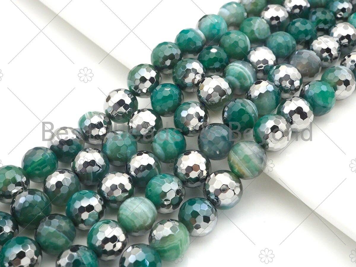 Natural Half Silver Plated Green Agate Beads, 8mm/10mm/12mm Round Faceted Blue Agate Beads, 15.5 Full Strand, sku# UA125