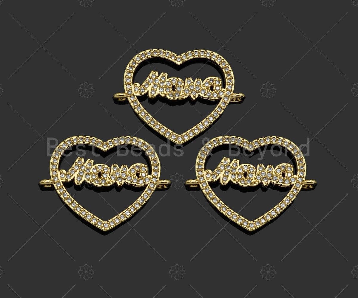 Gold Filled CZ Micro Pave Mama Word On Heart Shape Connector,18K Gold Filled Mama Charm, Mother's Day Gift, 25x18mm,Sku#LD109