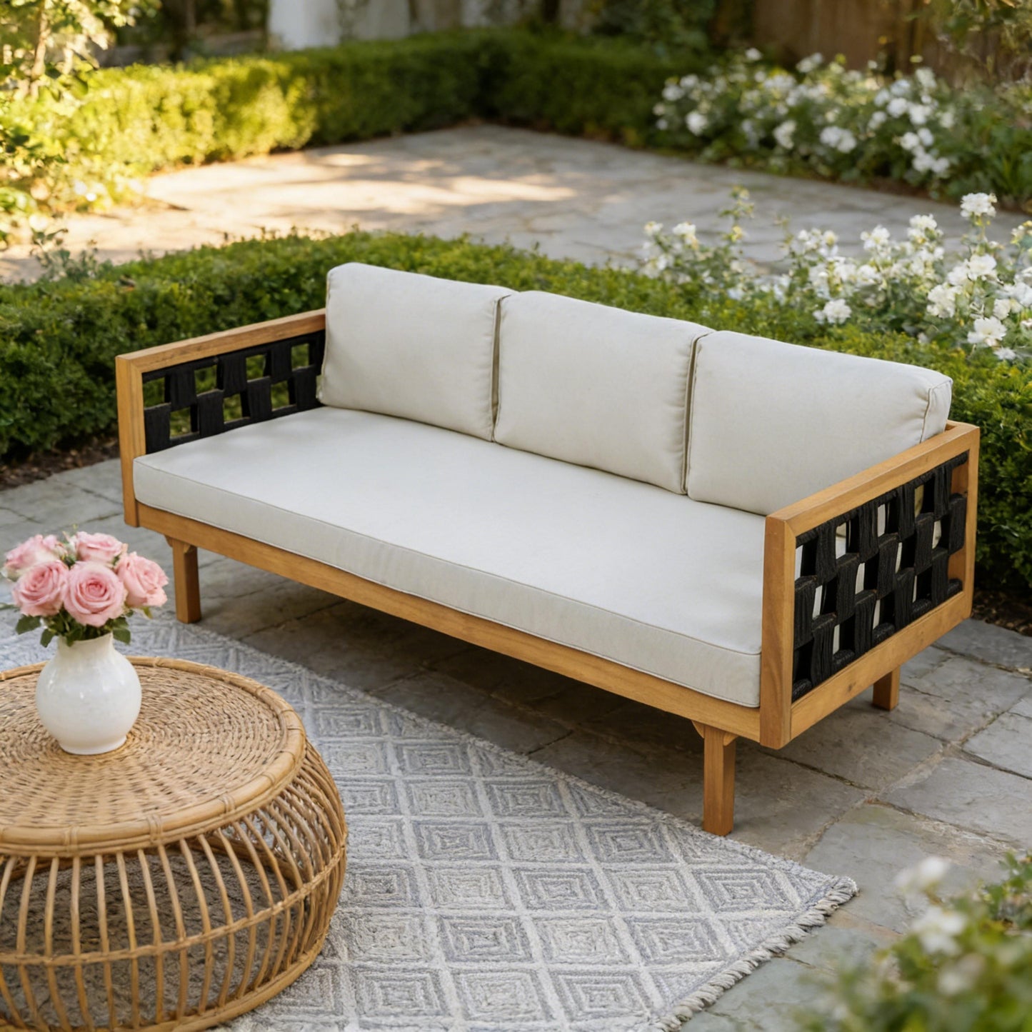 Three-Seater Outdoor Daybed - Acacia Wood Teak Finish Frame with Light