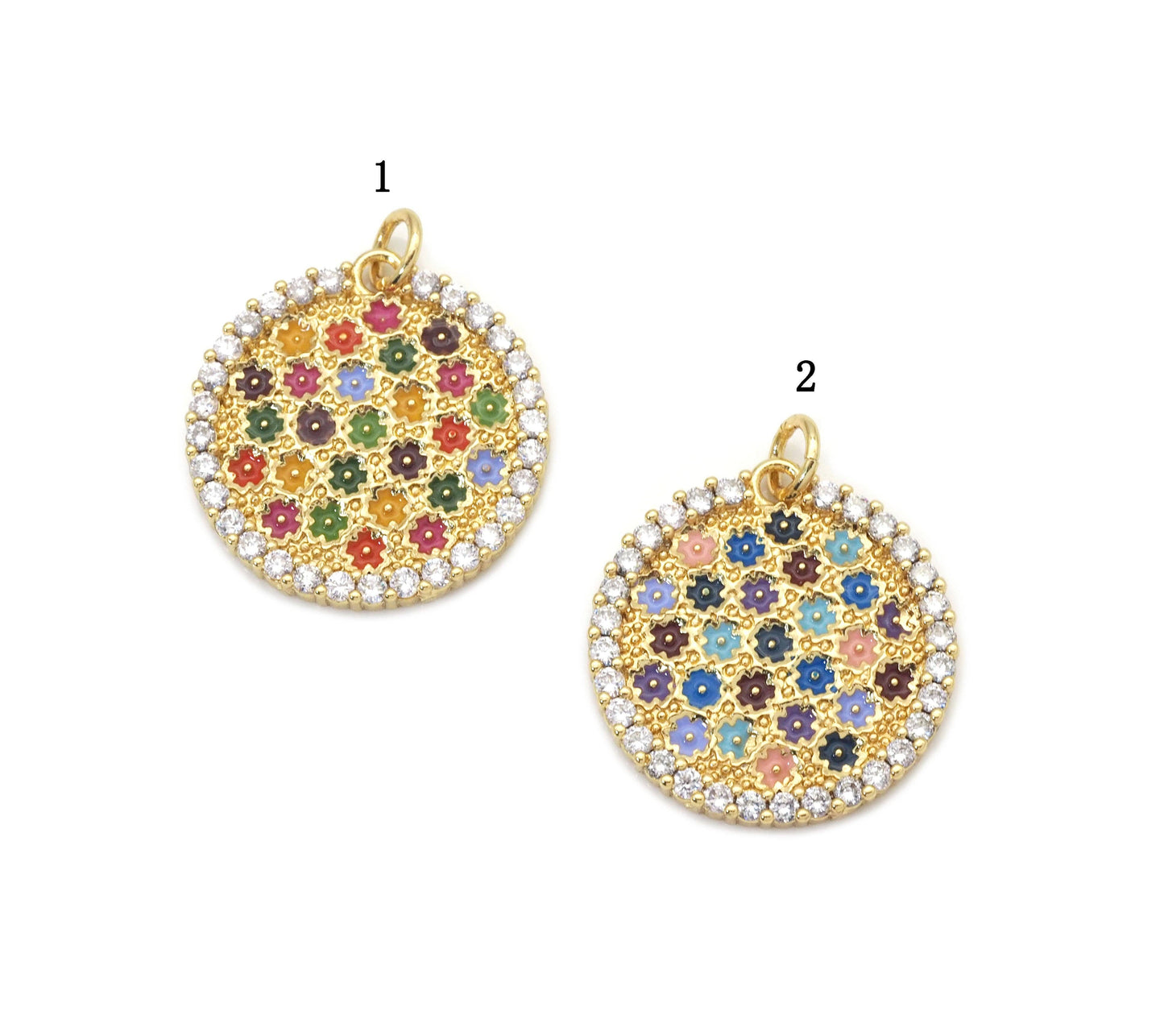 CZ Colorful Enamel Flower Medallion coin Charm, Sku#LX181