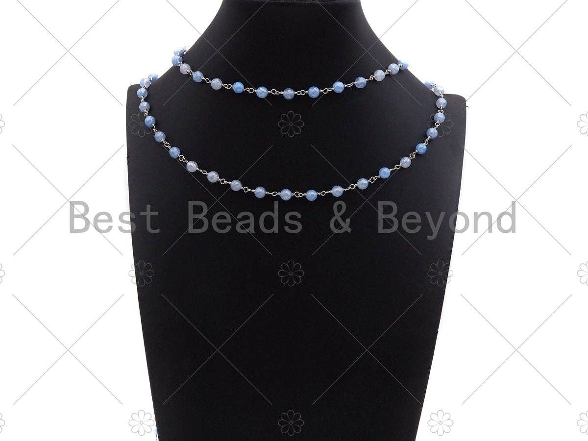 Mystic Blue Agate Faceted Tiger Eye Rosary Chain, 6mm Beaded Chain, Wire Wrapped Silver Plated Chain,Sku#V92