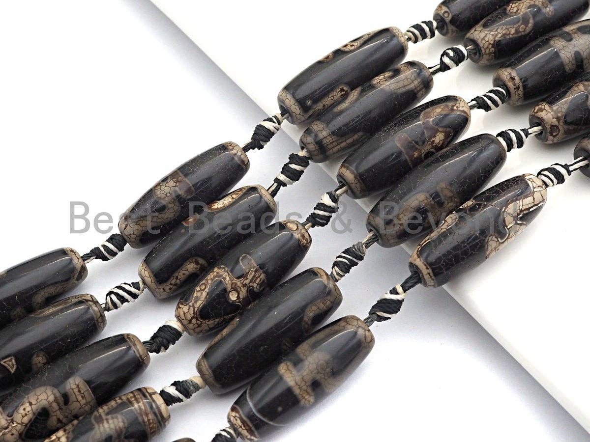 1pc/10pcs Natural Tibetan Agate Beads, Black with White heart Tibetan Long Oval Shape Beads, Dzi Agate Beads, 12x30mm, sku#U536