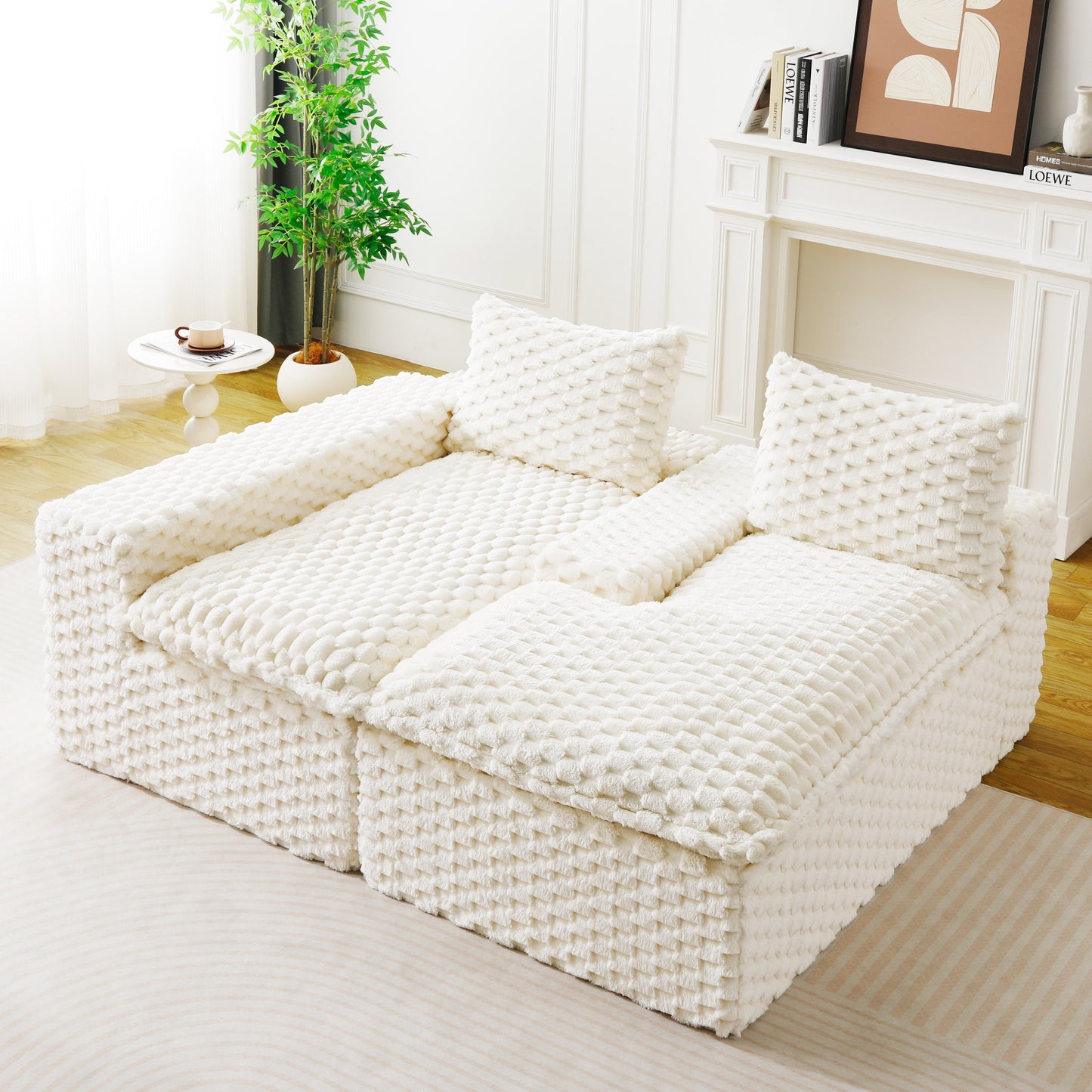 White Turtle Velvet Versatile Sofa: Convertible Twin-Seat with Left Chaise Lounge