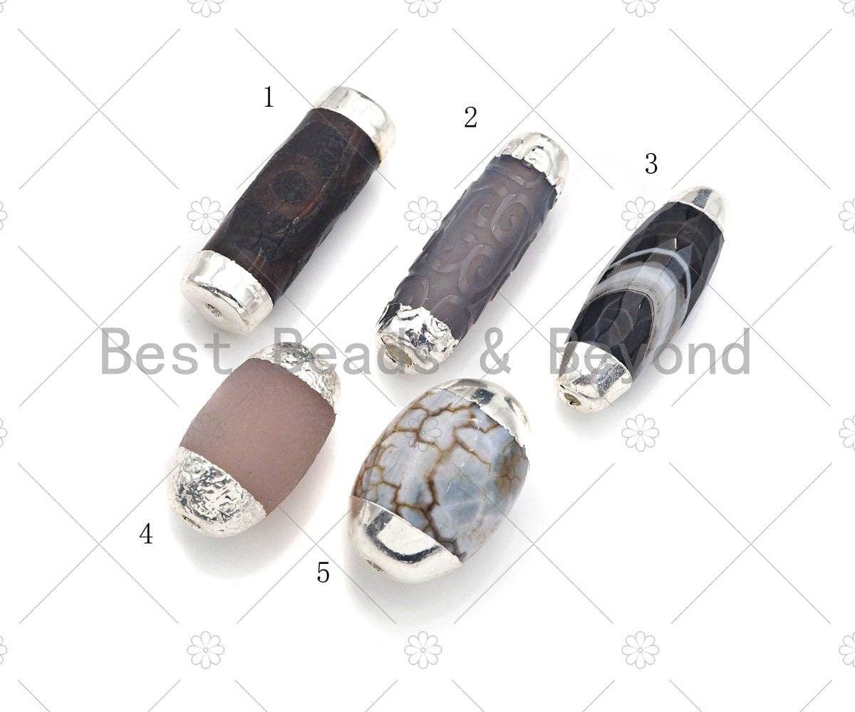 Large Natural Tibetan Agate Barrel Shape Spacer Beads, Silve