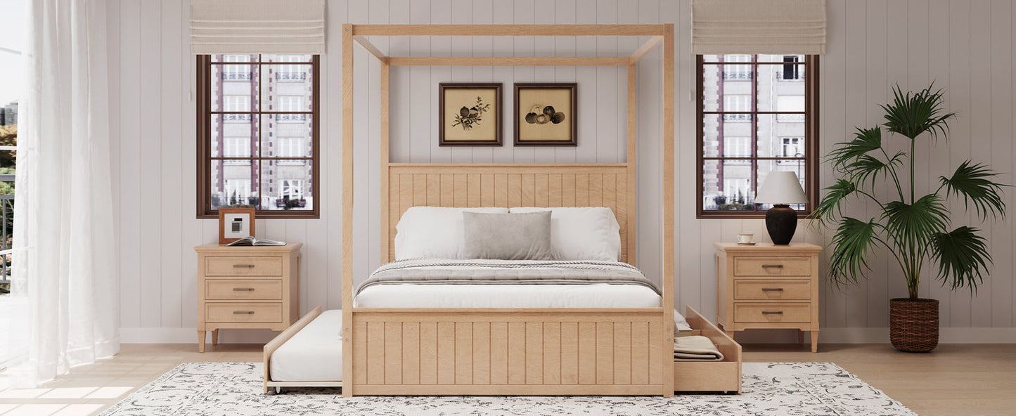 Queen Size Canopy Bed with Trundle and Storage