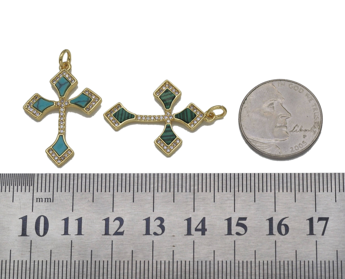 Gold CZ Turquoise/Malachite Cross Charm, Sku#L698