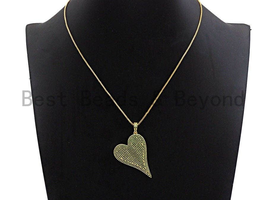 CZ Green Micro Pave Large Heart Pendant, Heart Shaped Pave Pendant, Gold/Rose Gold/Silver/Gunmetal plated, 30x41mm, Sku#X53