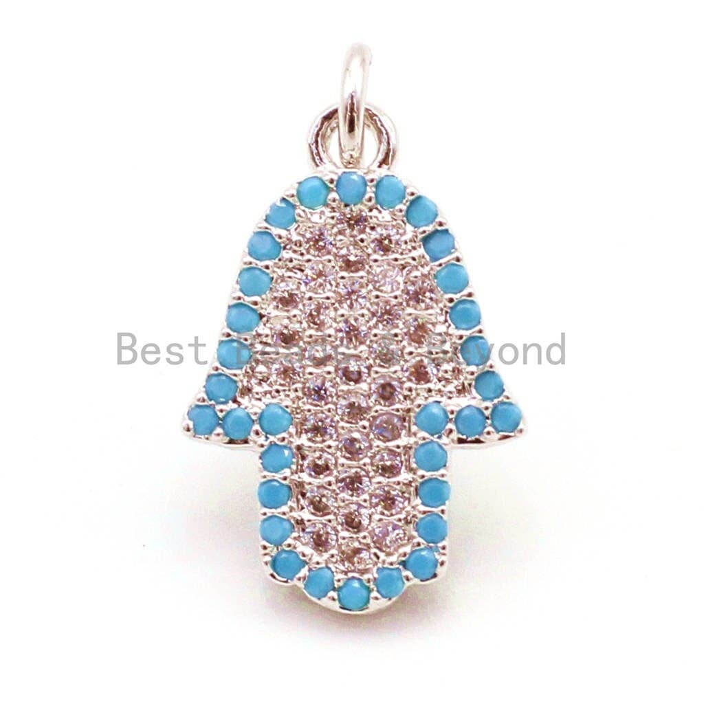 CZ Micro Pave Turquoise Hamsa Hand Bracelet Charm, Cubic Zirconia Charm,12x21mm, sku#F19