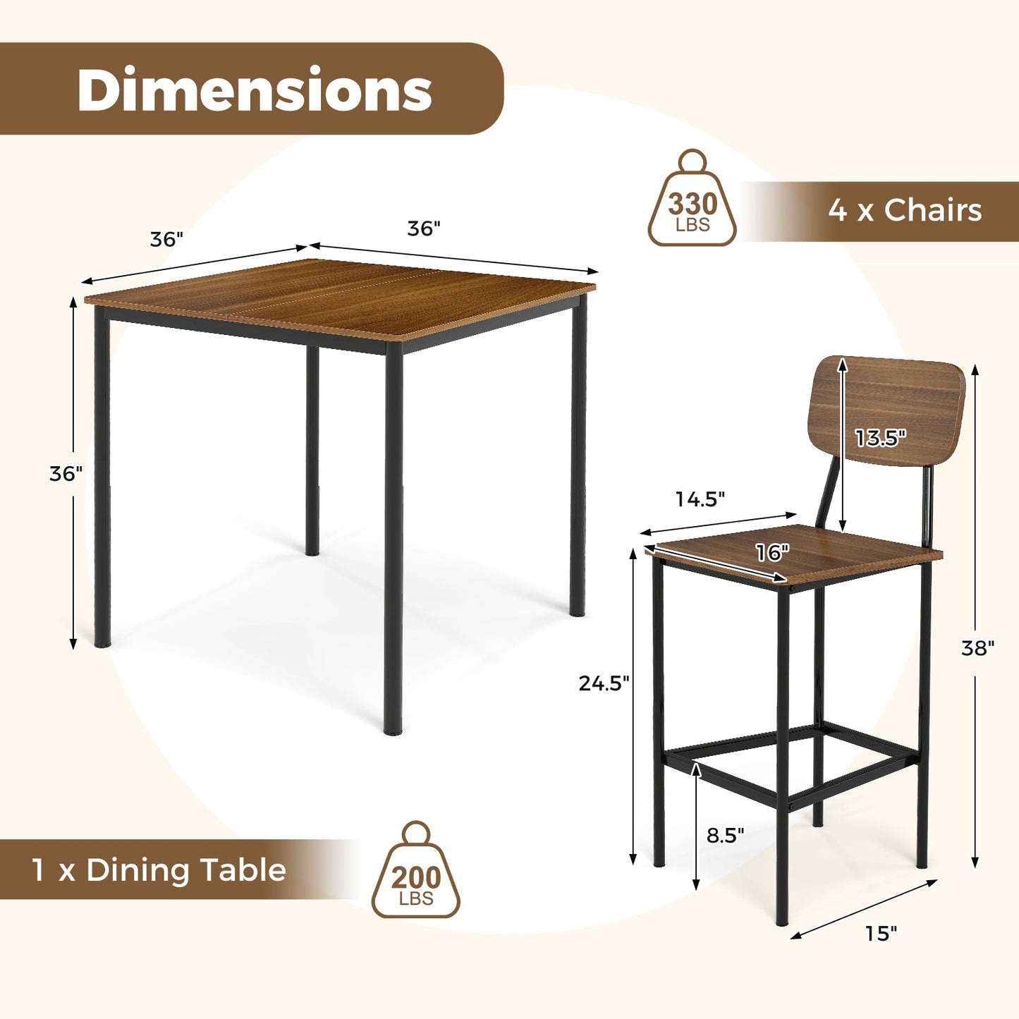 5 Pieces Industrial Dining Table Set with Counter Height Table and 4 Bar Stools-Coffee