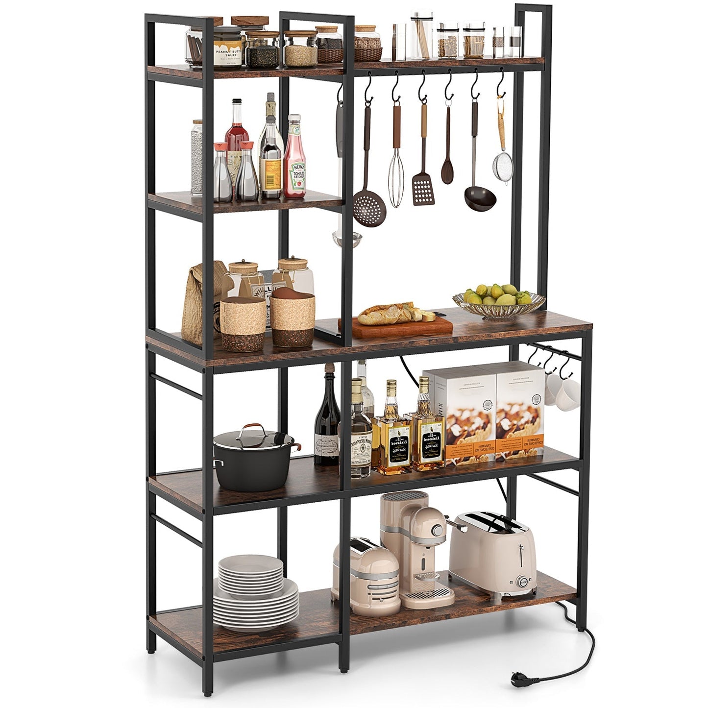 5-Tier Bakers Rack with Power Outlets and 10 S-Shaped Hooks
