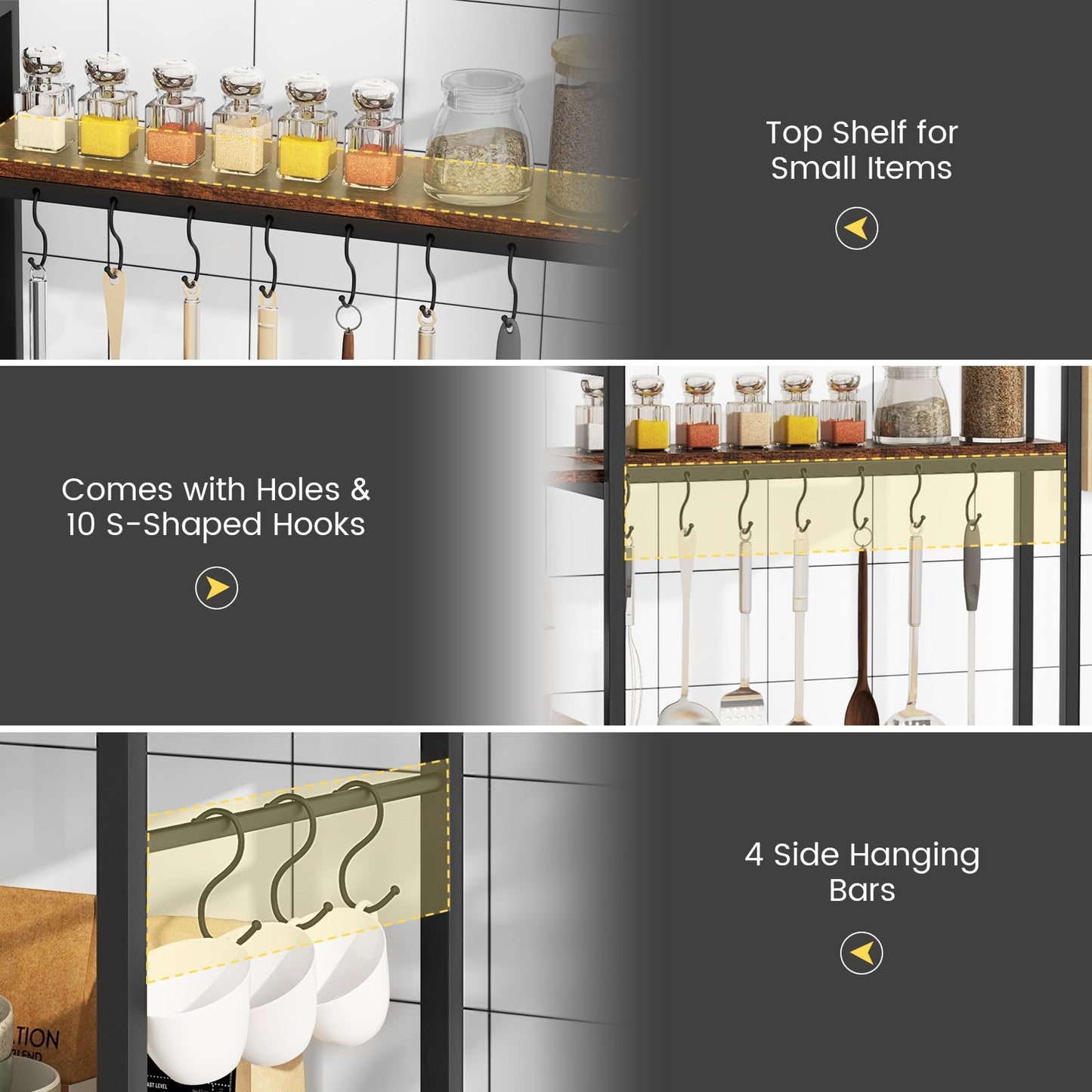 5-Tier Bakers Rack with Power Outlets and 10 S-Shaped Hooks