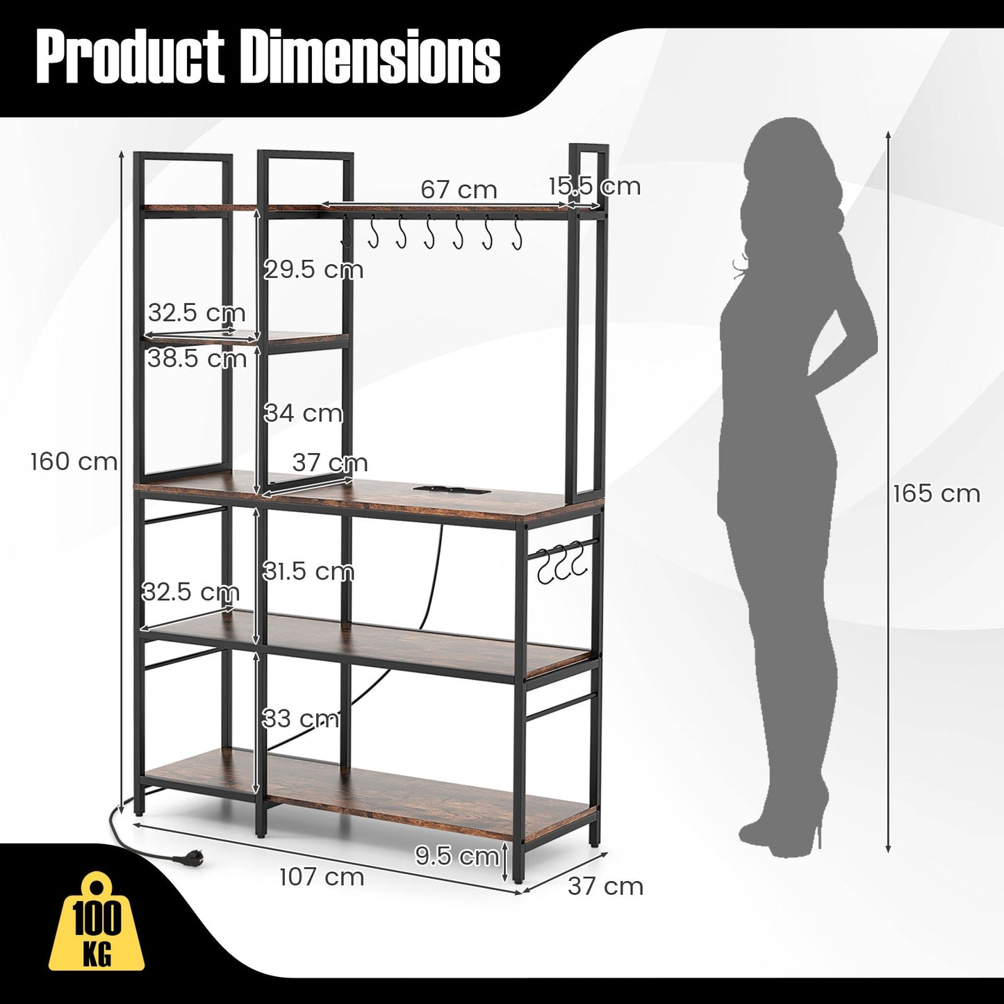 5-Tier Bakers Rack with Power Outlets and 10 S-Shaped Hooks
