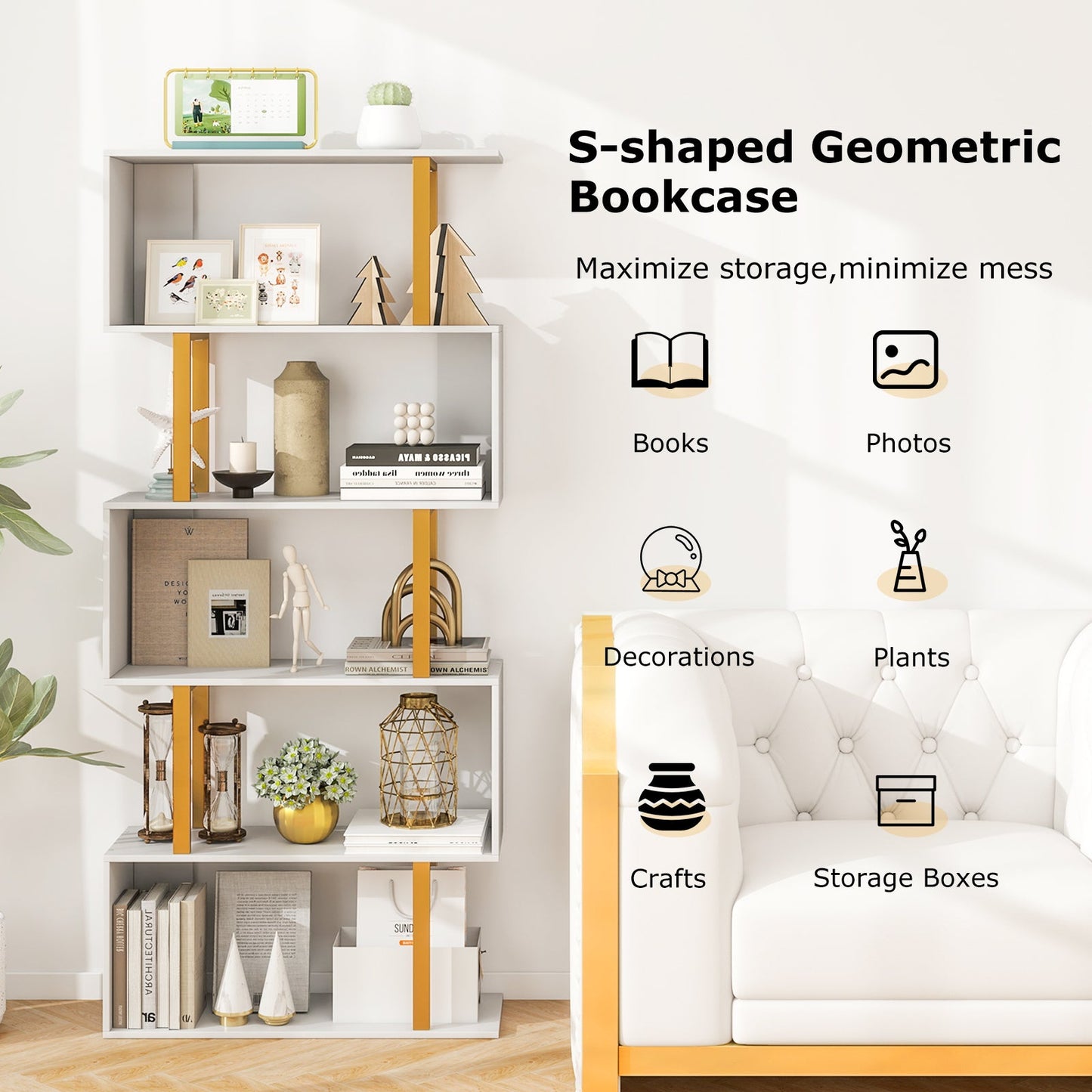 5-Tier/6-Tier Geometric Bookcase with Metal Frame and Anti-tipping Kits
