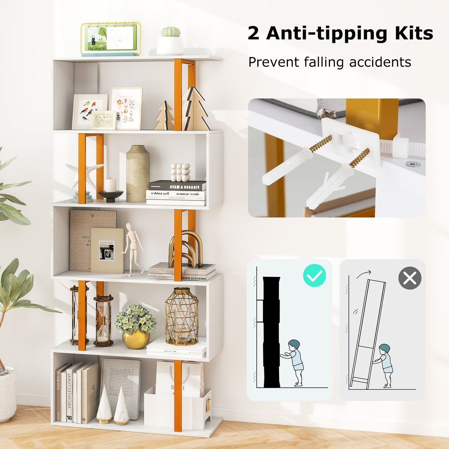 5-Tier/6-Tier Geometric Bookcase with Metal Frame and Anti-tipping Kits