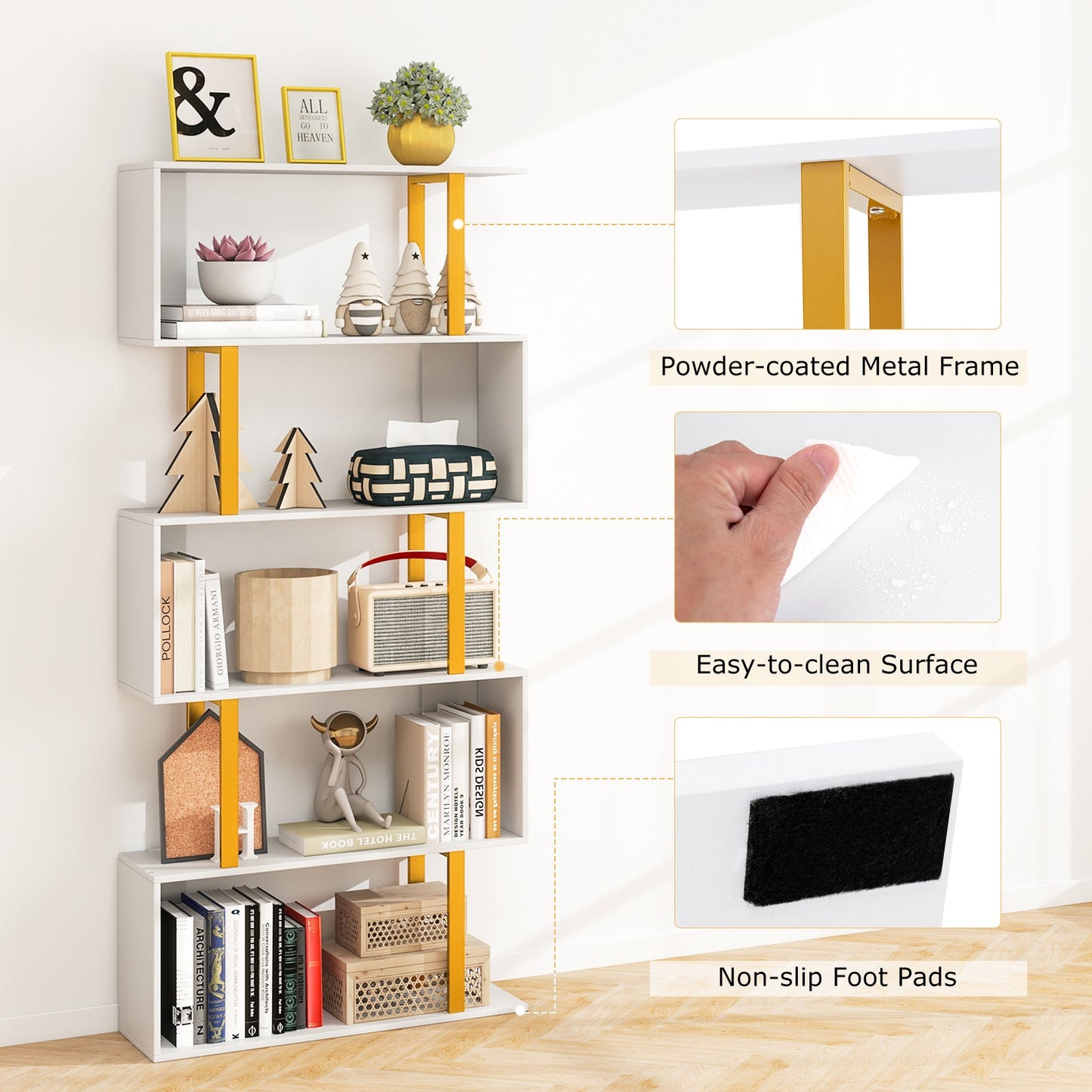 5-Tier/6-Tier Geometric Bookcase with Metal Frame and Anti-tipping Kits
