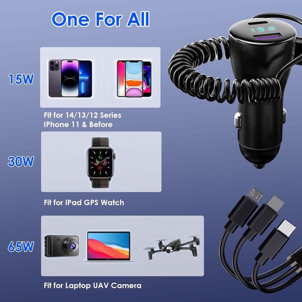 5-in-1 急速充電 車載充電器 QC PD USB Type-C LT 5ポート 4ft コイルケーブル付き