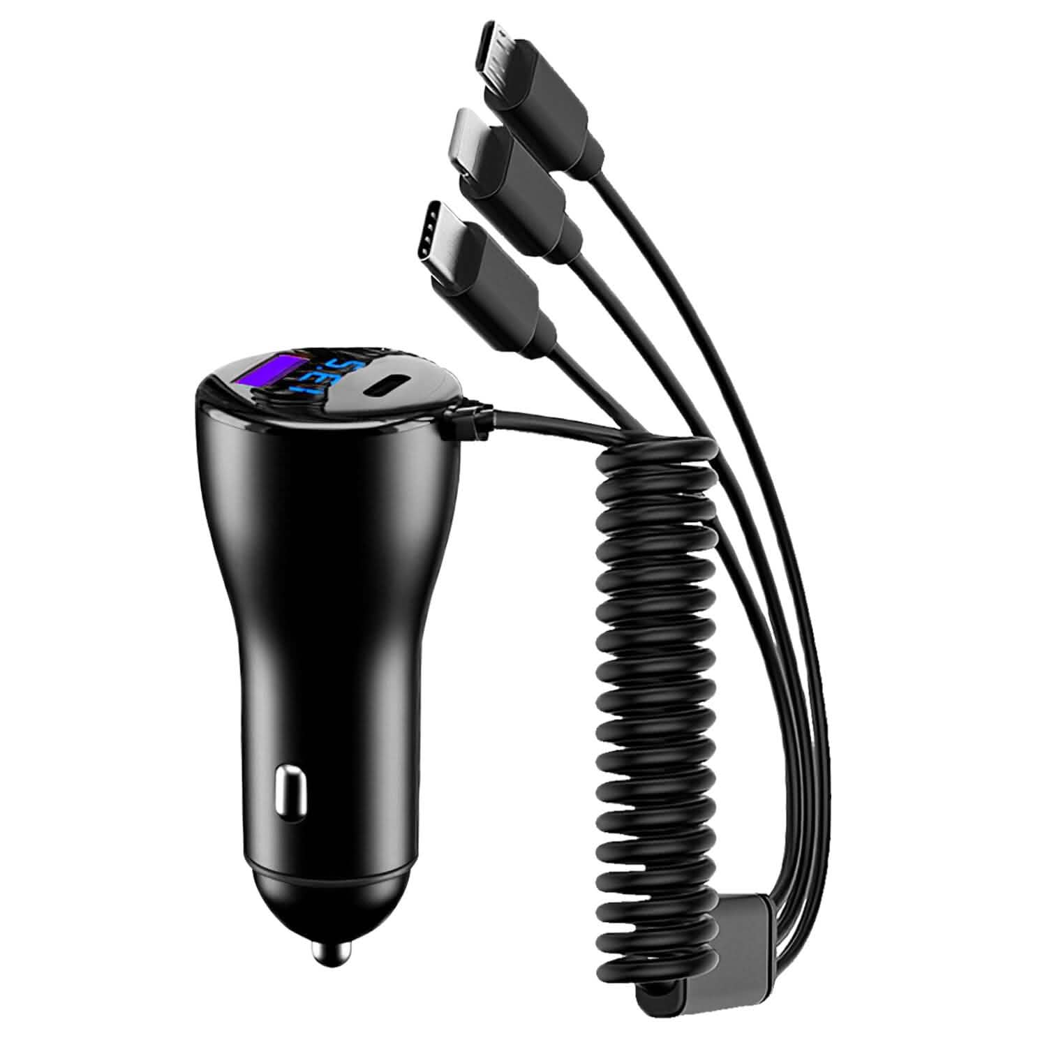 5-in-1 急速充電 車載充電器 QC PD USB Type-C LT 5ポート 4ft コイルケーブル付き