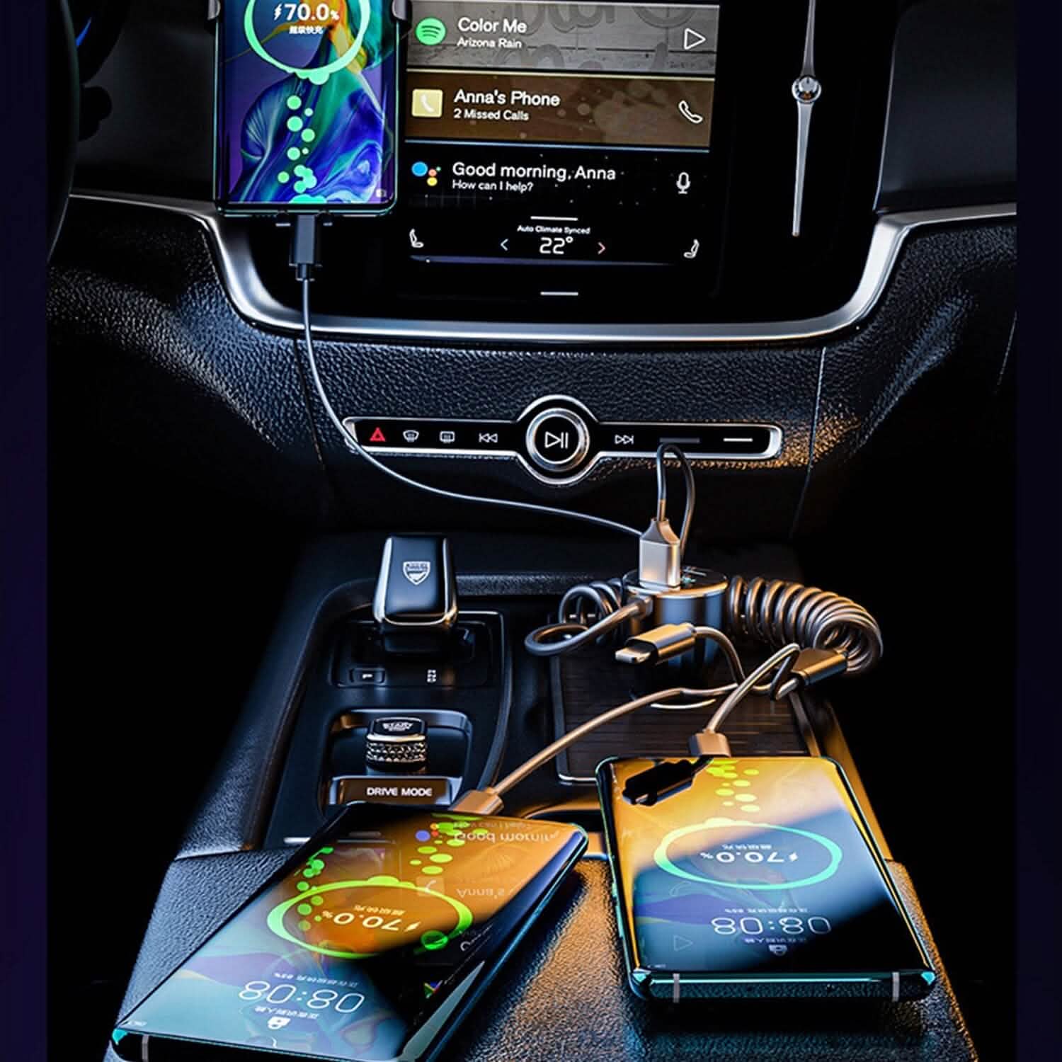 5-in-1 急速充電 車載充電器 QC PD USB Type-C LT 5ポート 4ft コイルケーブル付き