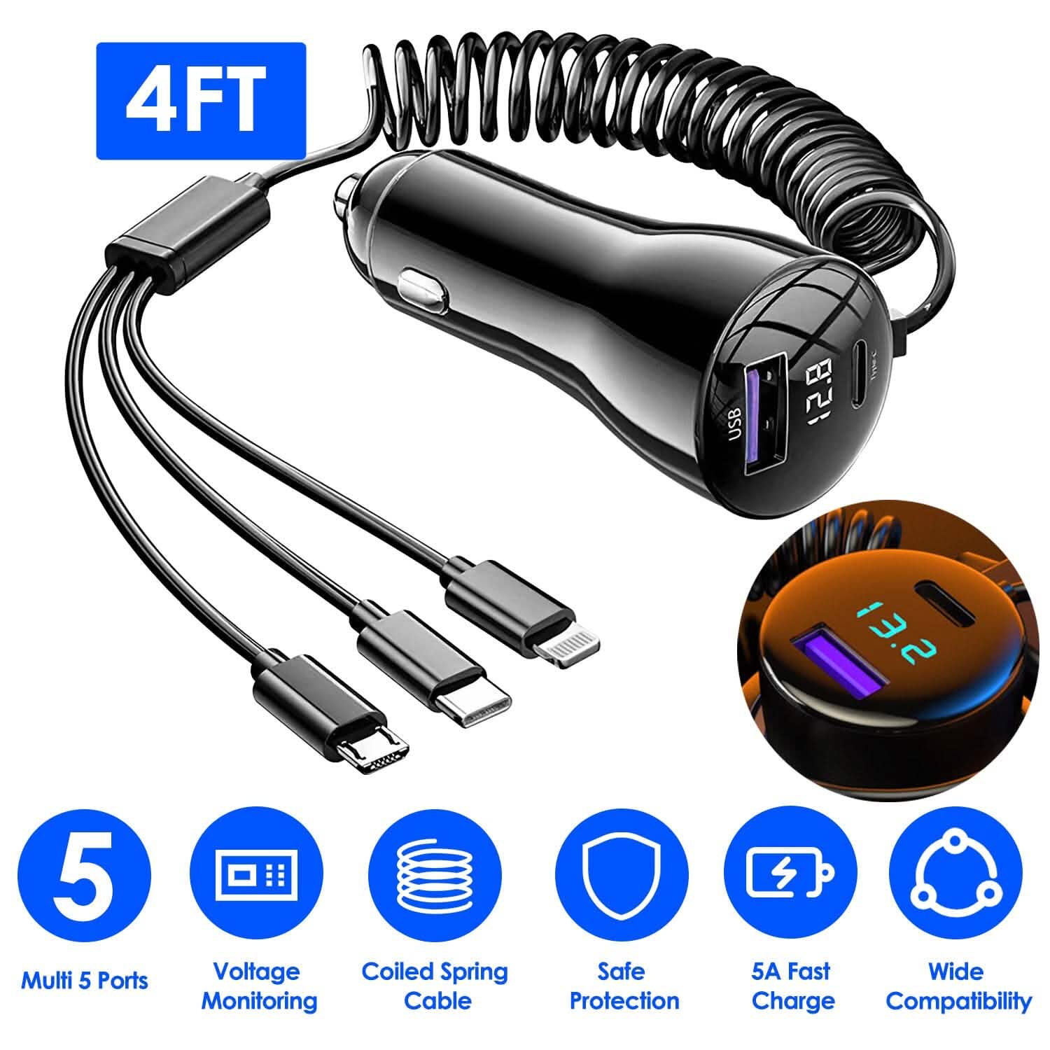5-in-1 急速充電 車載充電器 QC PD USB Type-C LT 5ポート 4ft コイルケーブル付き