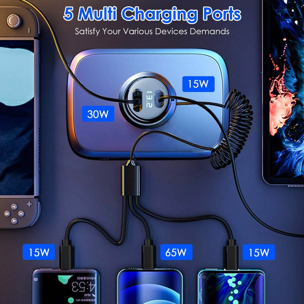 5-in-1 急速充電 車載充電器 QC PD USB Type-C LT 5ポート 4ft コイルケーブル付き