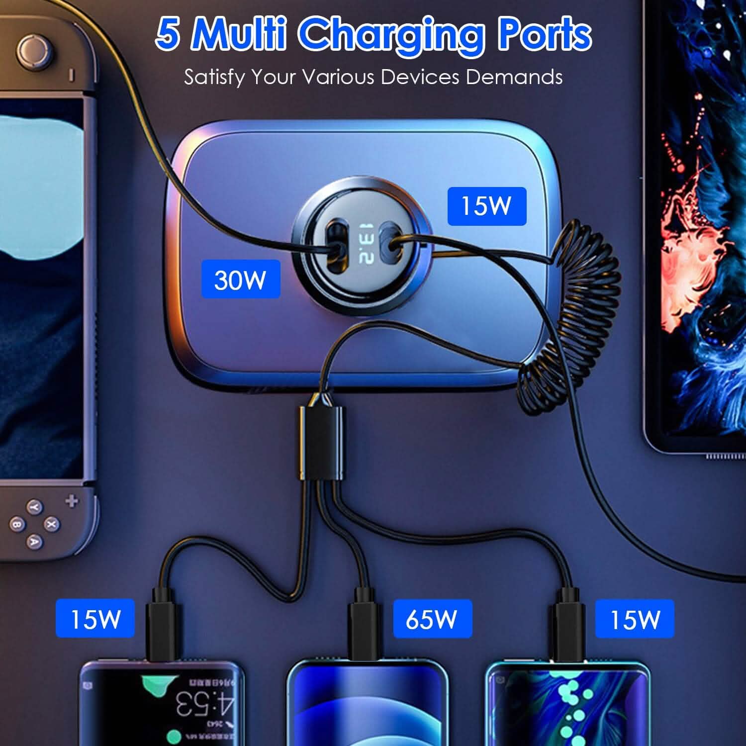 5-in-1 急速充電 車載充電器 QC PD USB Type-C LT 5ポート 4ft コイルケーブル付き