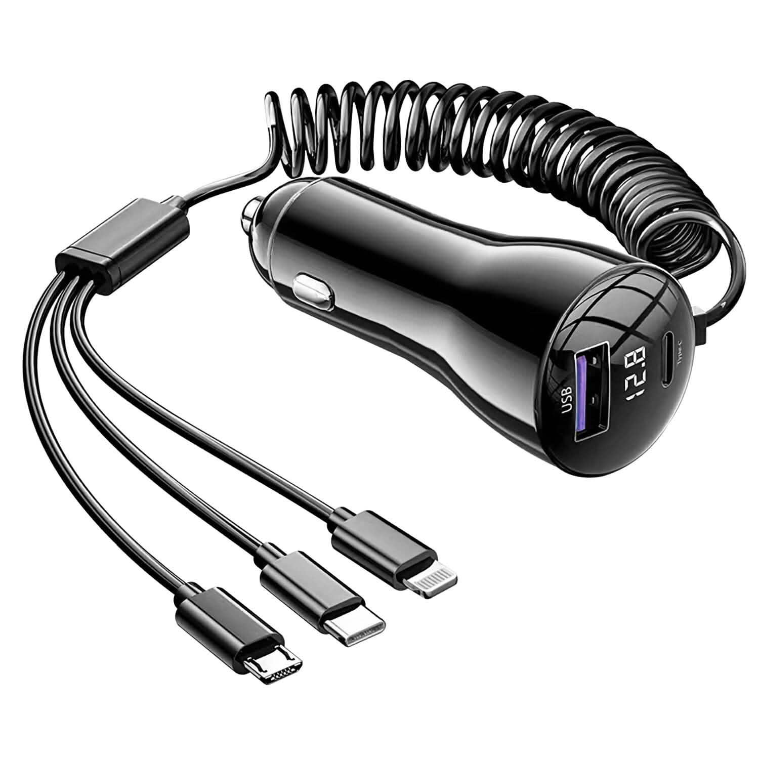5-in-1 急速充電 車載充電器 QC PD USB Type-C LT 5ポート 4ft コイルケーブル付き