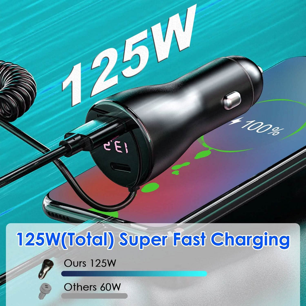 5-in-1 急速充電 車載充電器 QC PD USB Type-C LT 5ポート 4ft コイルケーブル付き
