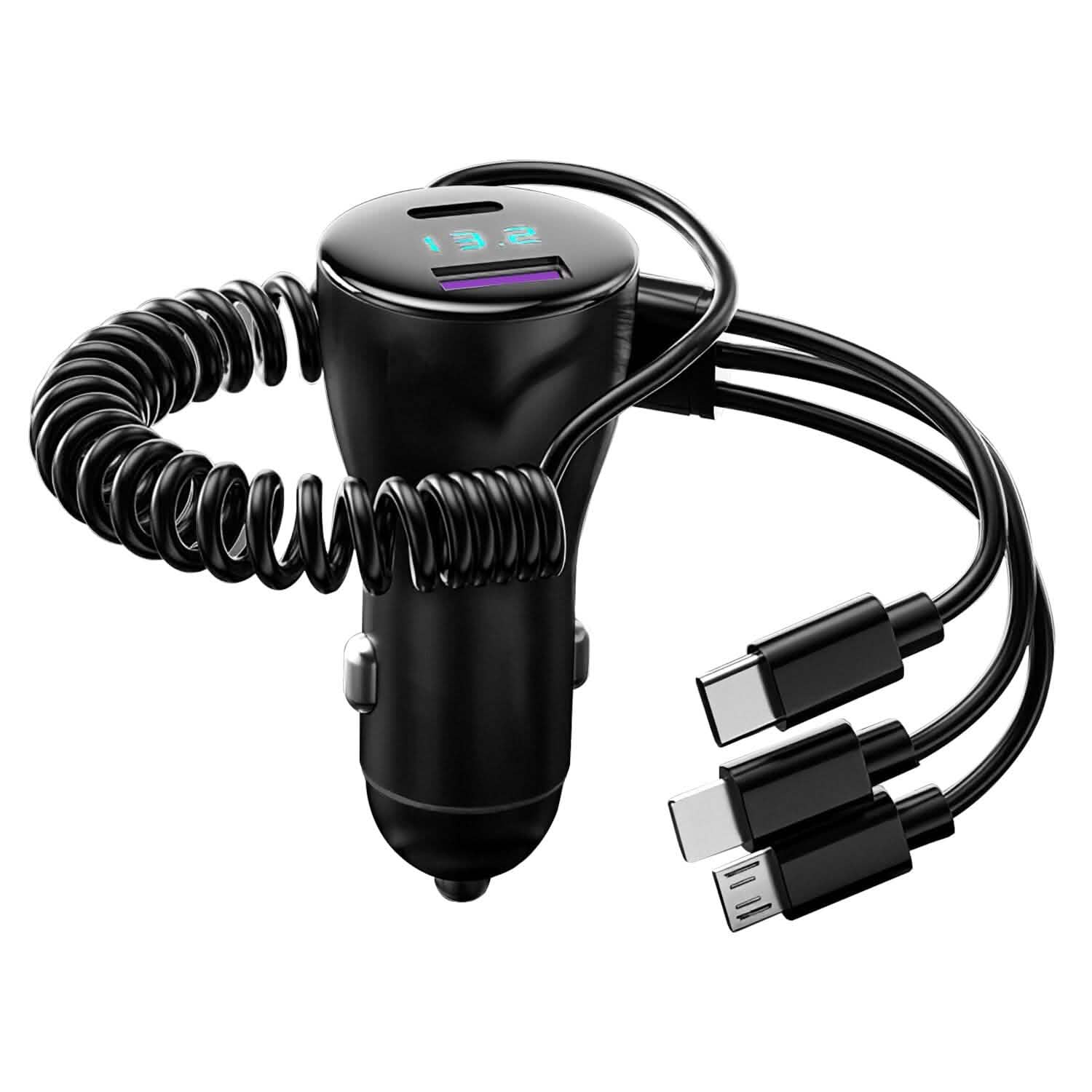 5-in-1 急速充電 車載充電器 QC PD USB Type-C LT 5ポート 4ft コイルケーブル付き