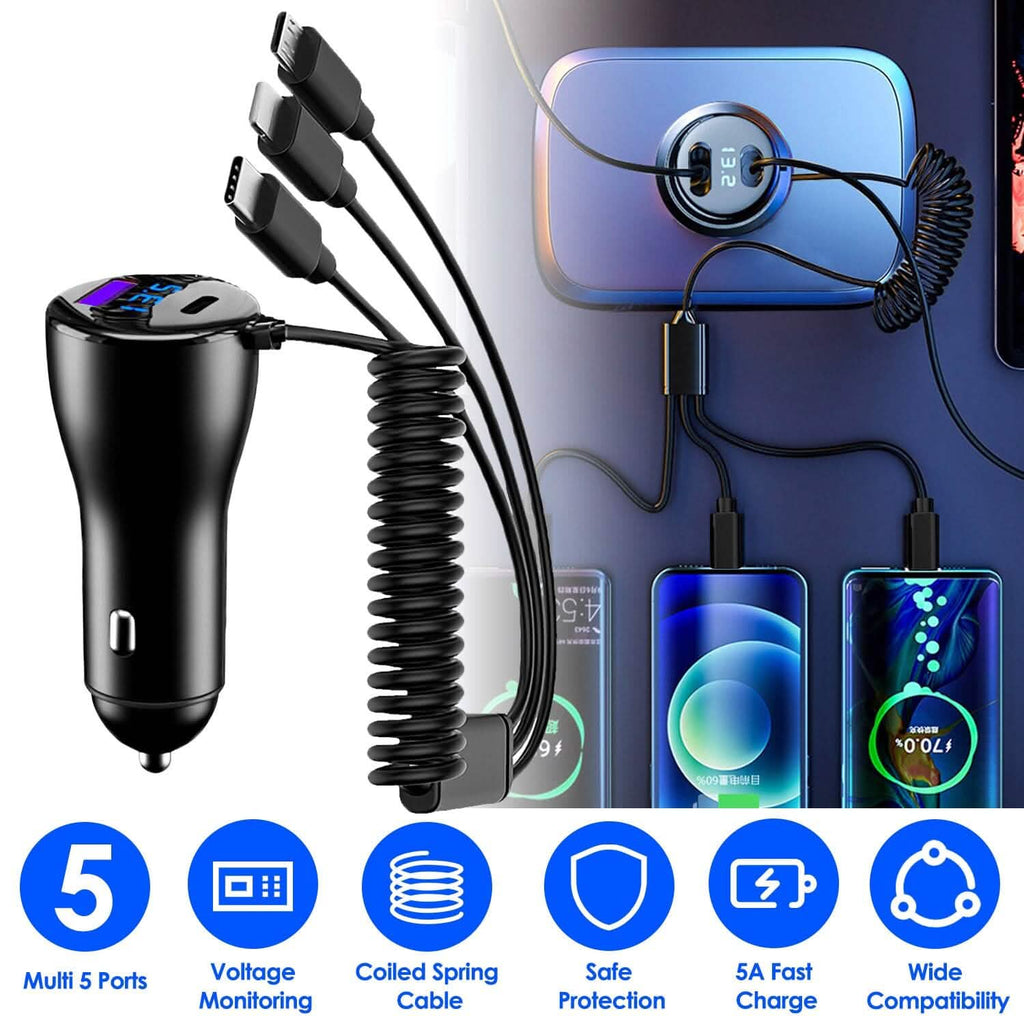5-in-1 急速充電 車載充電器 QC PD USB Type-C LT 5ポート 4ft コイルケーブル付き