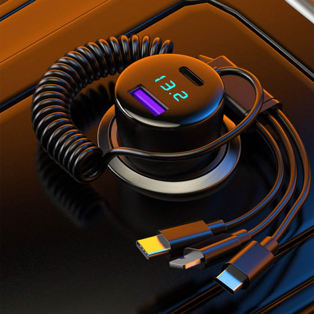 5-in-1 急速充電 車載充電器 QC PD USB Type-C LT 5ポート 4ft コイルケーブル付き