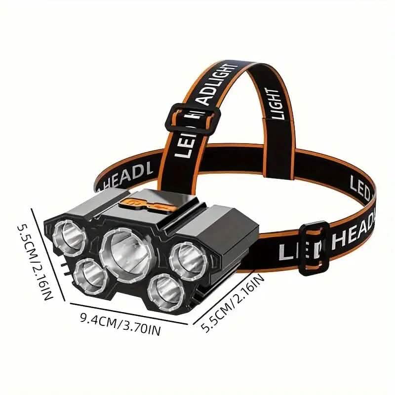 Lampe frontale à 5 LED, lumens élevés, super lumineuse, pour l'extérieur