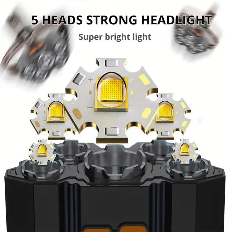 Lampe frontale à 5 LED, lumens élevés, super lumineuse, pour l'extérieur