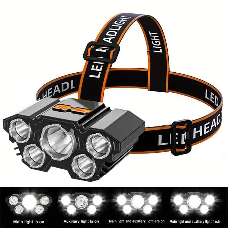 Lampe frontale à 5 LED, lumens élevés, super lumineuse, pour l'extérieur
