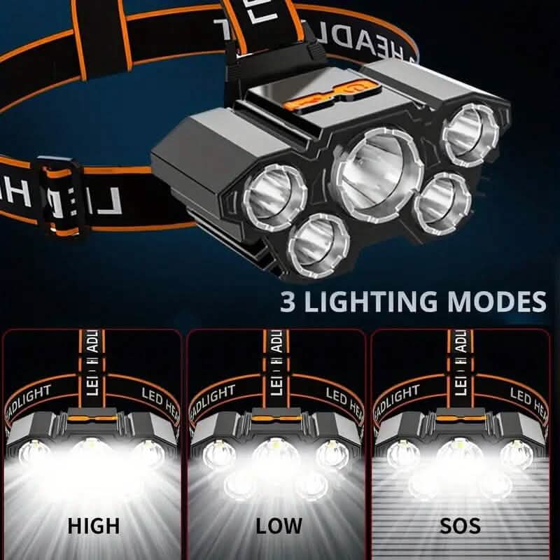 Lampe frontale à 5 LED, lumens élevés, super lumineuse, pour l'extérieur
