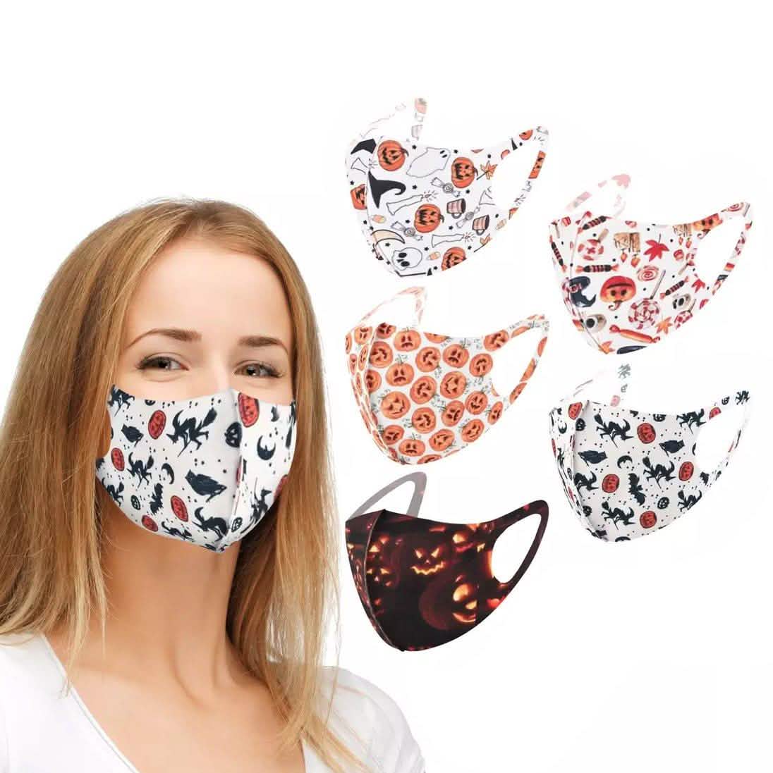 Lot de 5 masques réutilisables d'Halloween à motifs amusants