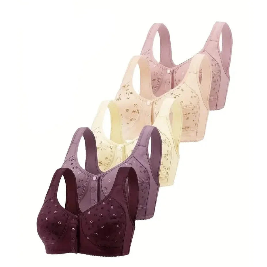 Lot de 5 : Soutien-gorge imprimé à boucle avant pour femme, grande taille, sans armature, pour femmes d'âge moyen et âgées