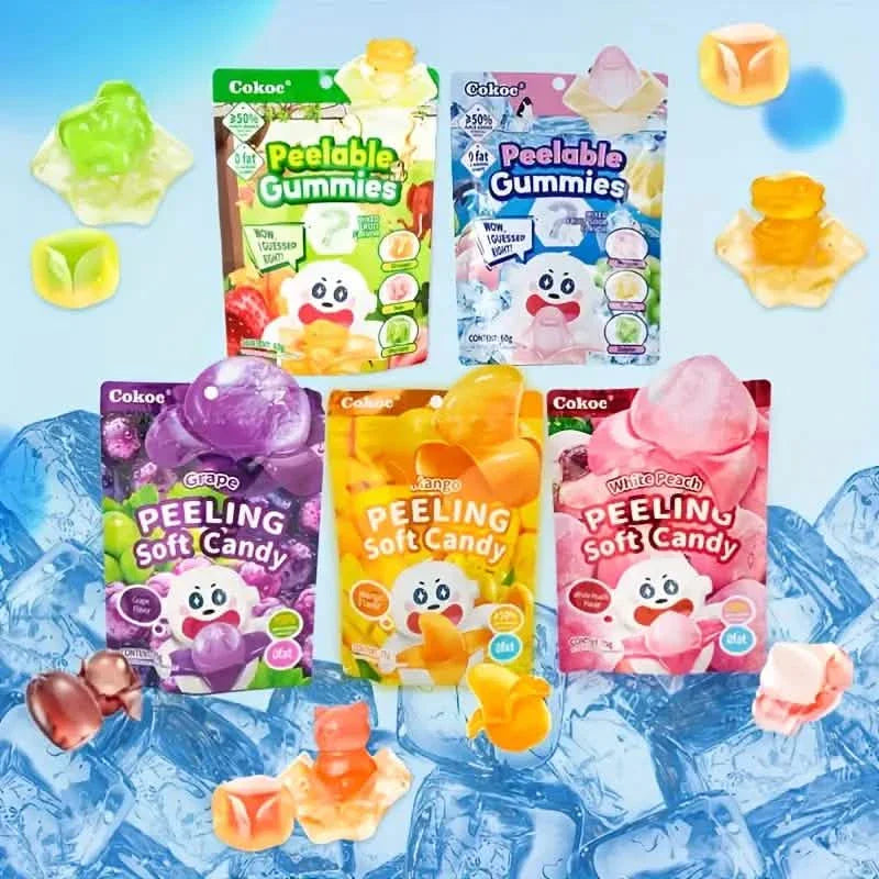 5パック：楽しい皮むきグミ ミックススタイル・多様なフレーバー 密封可能バッグ入り