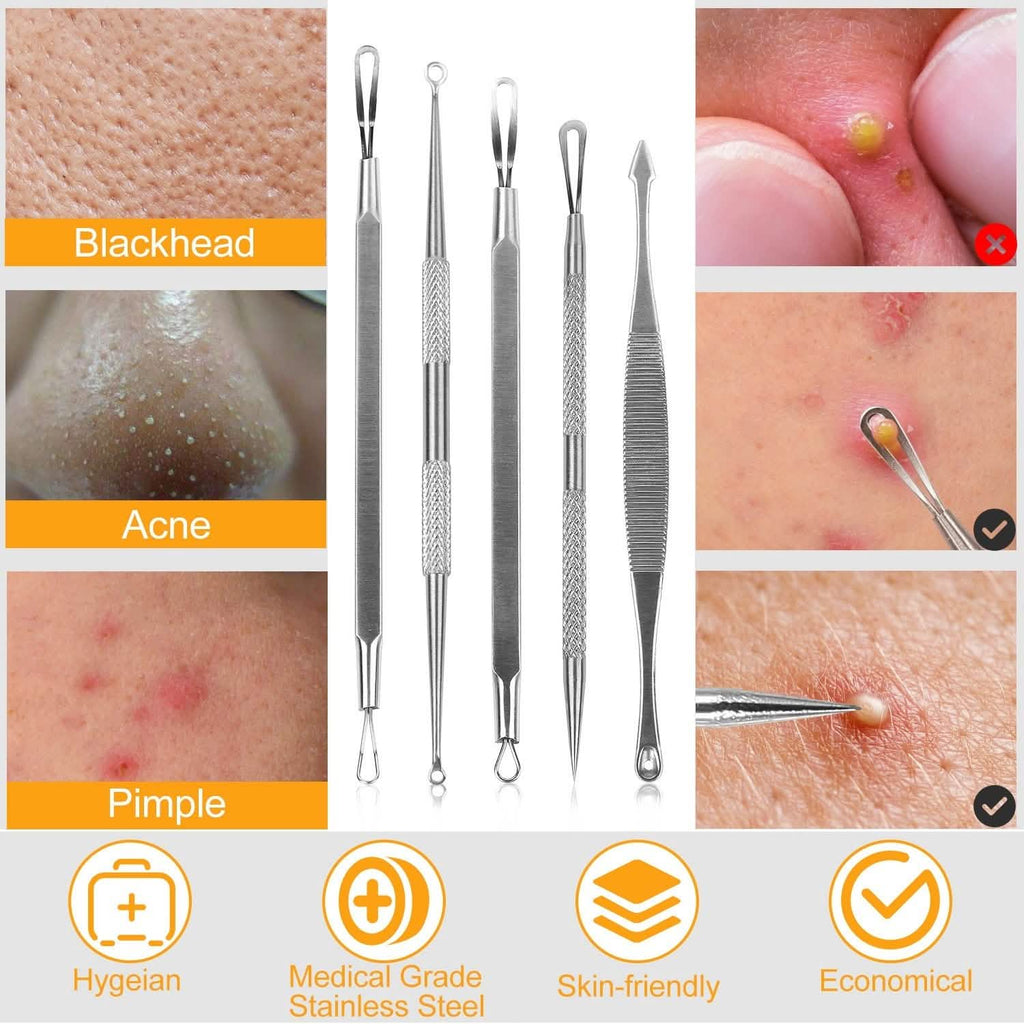 Ensemble de 5 pièces : Kit Dissolvant de Points Noirs en Acier Inoxydable, Outil pour l'Extraction des Boutons