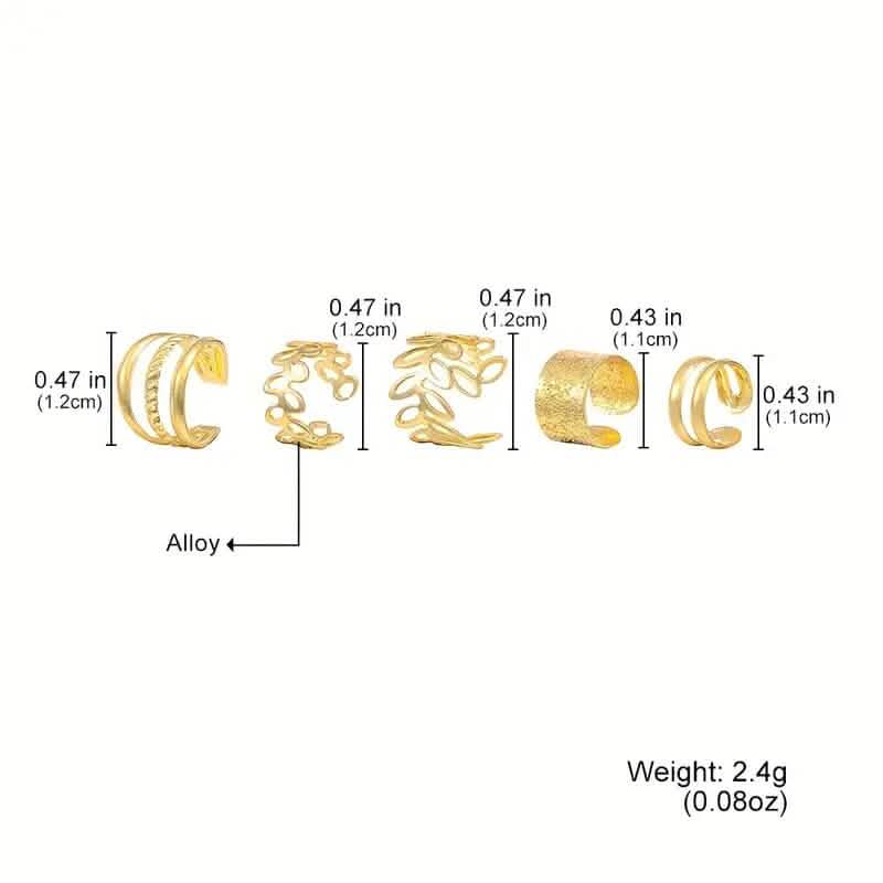 5-Pieces: Golden Leaf Cutout Ear Clips