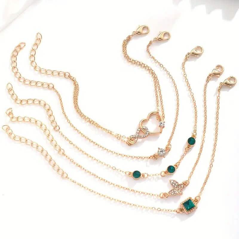5-Pieces: Love Full Throw Diamond Shining Infinite Symbol Geometry Green Rhinestone Bracelet Set