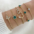 5-Pieces: Love Full Throw Diamond Shining Infinite Symbol Geometry Green Rhinestone Bracelet Set