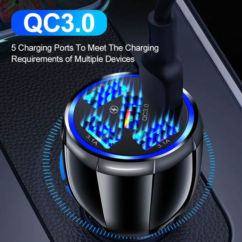 Chargeur rapide de voiture USB 5 ports avec affichage LED