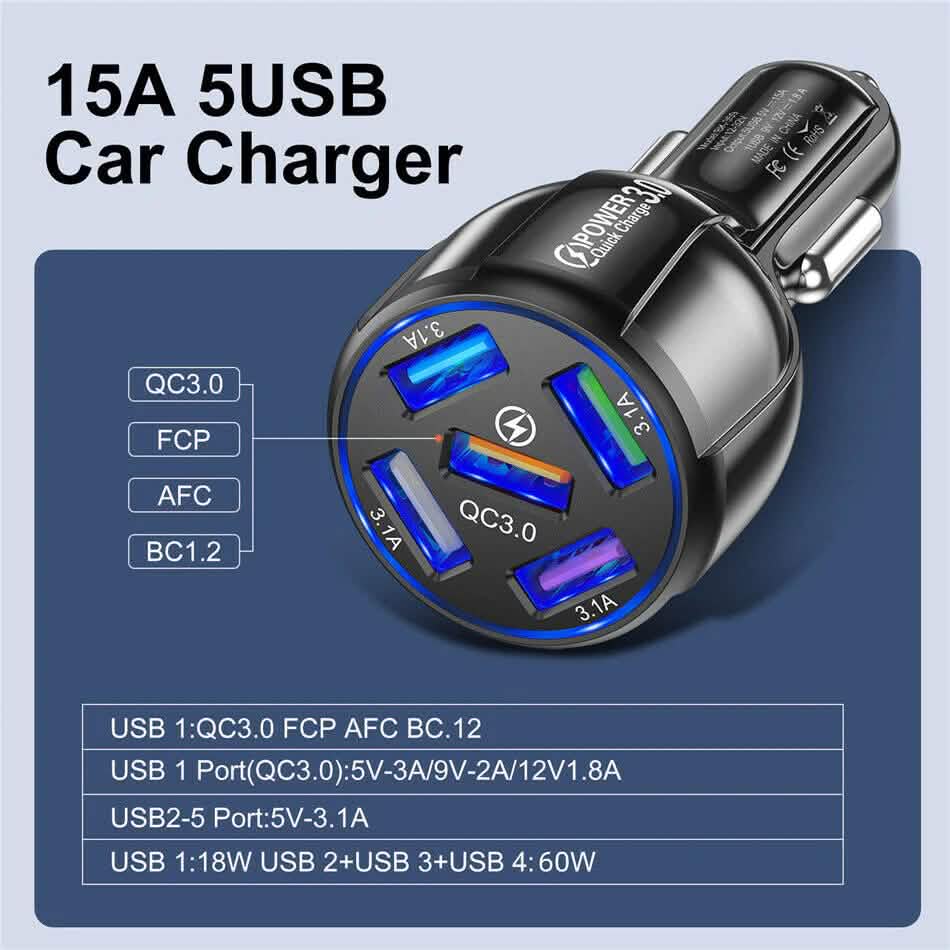 Chargeur rapide de voiture USB 5 ports avec affichage LED