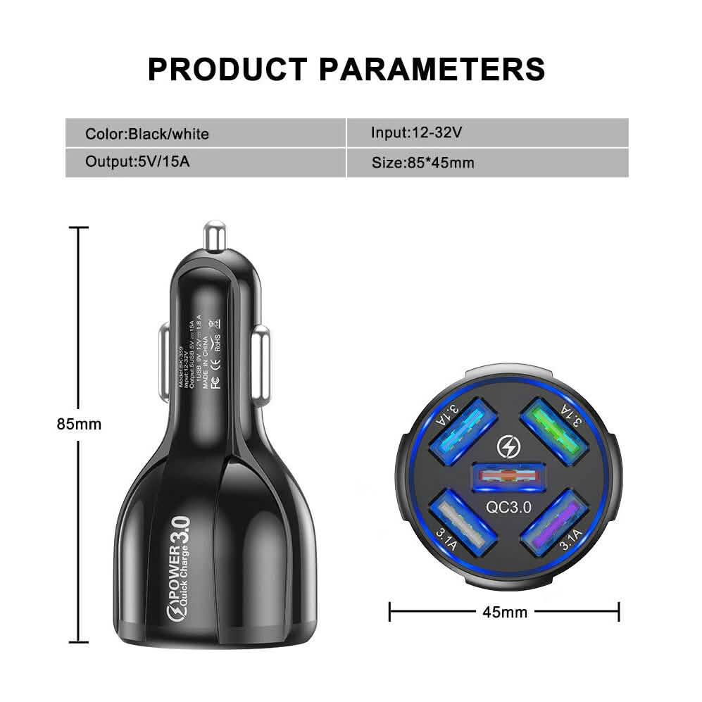 Chargeur rapide de voiture USB 5 ports avec affichage LED