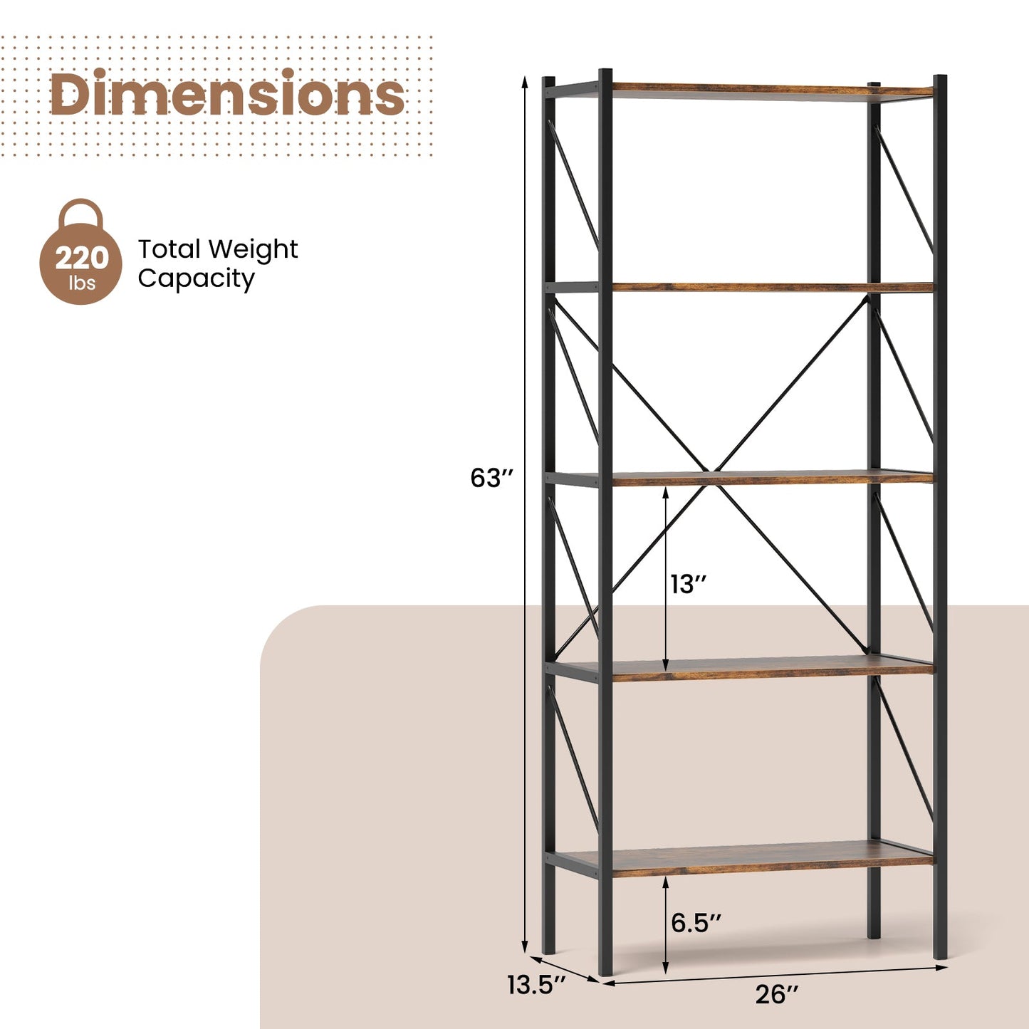 5-Tier Bookshelf with Open Shelves and Heavy Duty Metal Frame