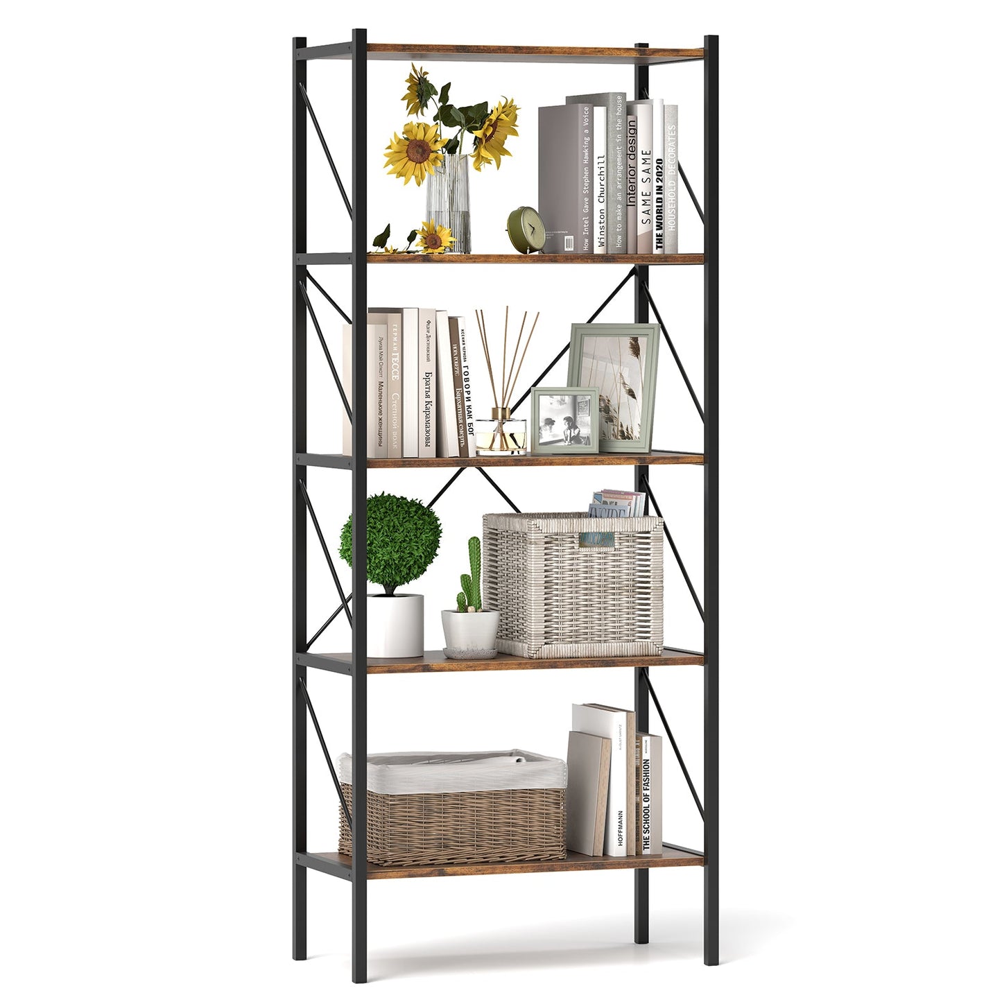 5-Tier Bookshelf with Open Shelves and Heavy Duty Metal Frame